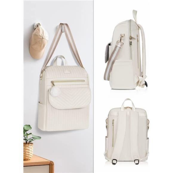 Quilted Laptop Backpack for Women Beige - Picture 2 of 6